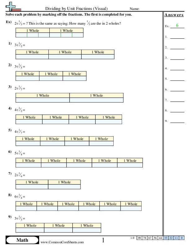 Fraction Worksheets - Dividing By Unit Fractions (Visual) worksheet
